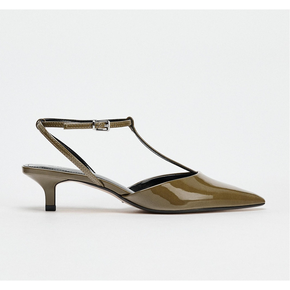 Zara Olive Green Pointed Toe T-Strap Slingback Heels NWT - Picture 12 of 16